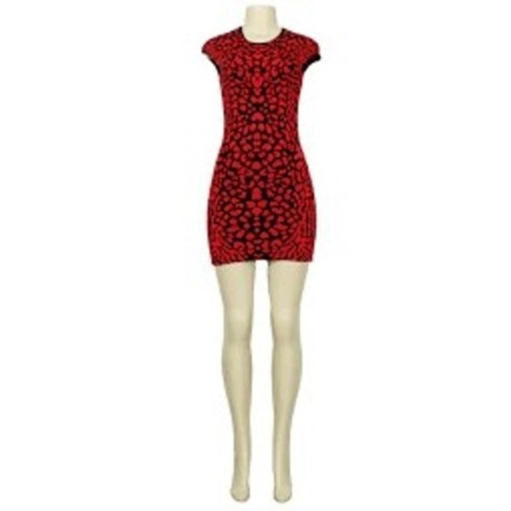 RVN Red Black Leopard Print Knit Mini‎ Dress Cap Sleeve Size S
